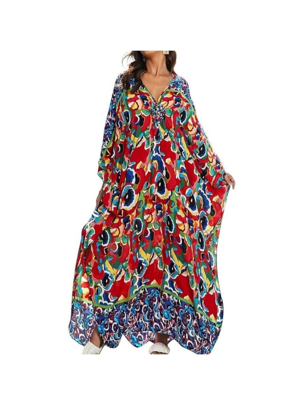 Women's Red Splatter V-neck Batwing Sleeve Flowy Split Hem Bohemian Kaftan Dress